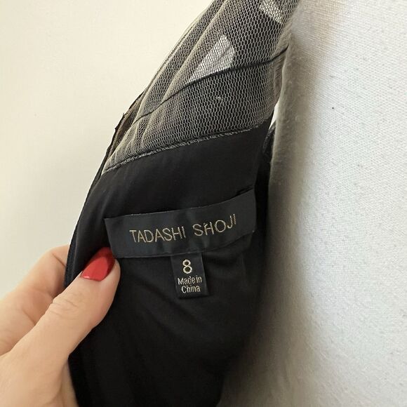 Tadashi Shoji Black Gold Sequin Mesh Illusion Cocktail Sheath Dress Size 8 - Picture 8 of 11